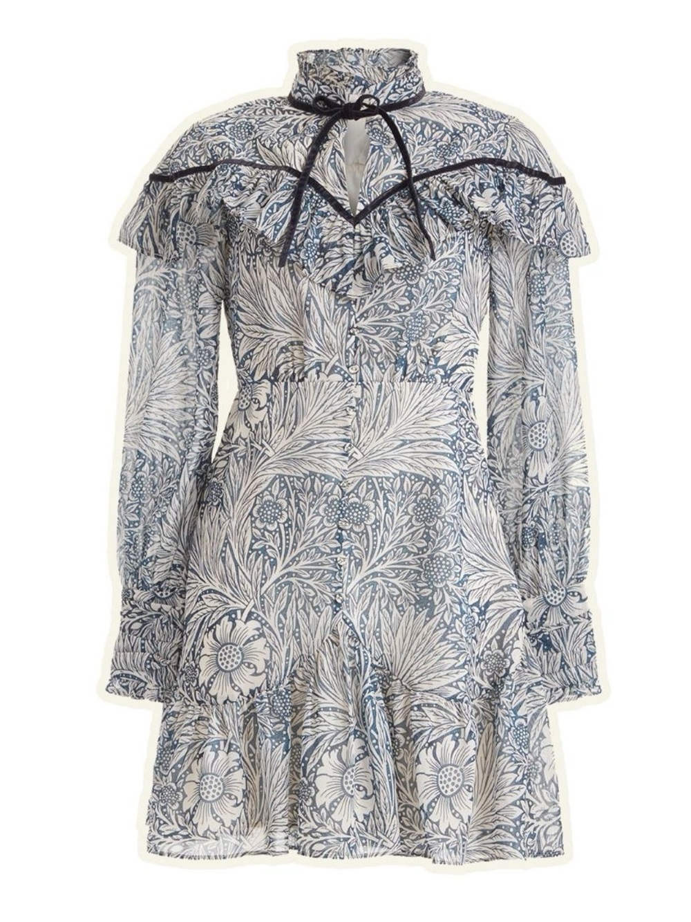 Hope & Ivy William Morris Marigold Floral Tie-Neck Mini Ruffle Dress, 14UK/10US